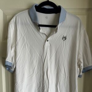 Greyson Polo- White with blue collar size XL